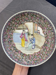 A Chinese famille rose 'mille fleur' dish, a famille verte plate and a pair of famille rose plates, Qianlong mark, 19/20th C.