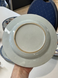 A varied collection of thirteen Chinese blue and white, Imari-style, famille rose and famille verte plates, Kangxi/Qianlong