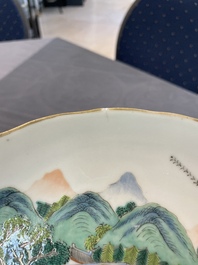 A Chinese famille rose 'mille fleur' dish, a famille verte plate and a pair of famille rose plates, Qianlong mark, 19/20th C.