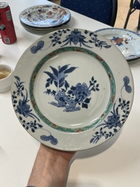 A varied collection of thirteen Chinese blue and white, Imari-style, famille rose and famille verte plates, Kangxi/Qianlong