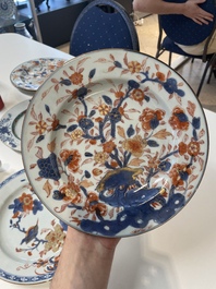 A varied collection of thirteen Chinese blue and white, Imari-style, famille rose and famille verte plates, Kangxi/Qianlong
