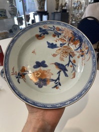 A varied collection of thirteen Chinese blue and white, Imari-style, famille rose and famille verte plates, Kangxi/Qianlong
