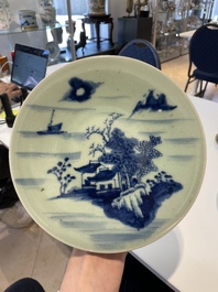 A Chinese blue and white dish, a plate and three famille rose plates, Qianlong and later