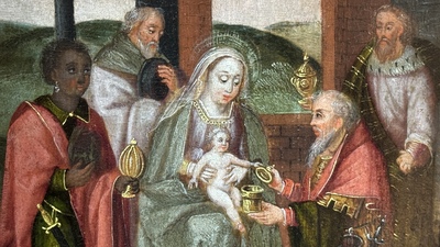Flemish school: 'Adoration of the Magi', oil on panel, possibly Bruges, 17th C.