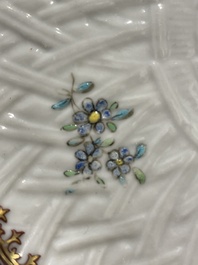 A Chinese blue and white dish, a plate and three famille rose plates, Qianlong and later