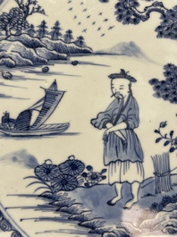 A Chinese blue and white dish, a plate and three famille rose plates, Qianlong and later