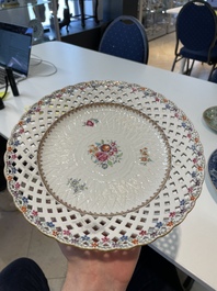 A Chinese blue and white dish, a plate and three famille rose plates, Qianlong and later