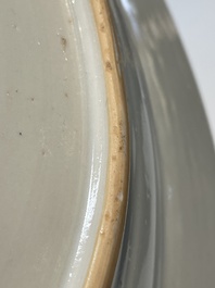 A Chinese blue and white dish, a plate and three famille rose plates, Qianlong and later