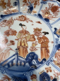 A pair of Chinese Imari-style plates, a plate and a pair of saucers, Kangxi/Yongzheng