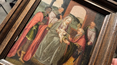 Flemish school: 'Adoration of the Magi', oil on panel, possibly Bruges, 17th C.