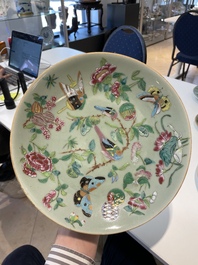 A Chinese blue and white dish, a plate and three famille rose plates, Qianlong and later