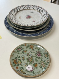 A Chinese blue and white dish, a plate and three famille rose plates, Qianlong and later