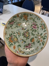 A Chinese blue and white dish, a plate and three famille rose plates, Qianlong and later
