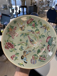A Chinese blue and white dish, a plate and three famille rose plates, Qianlong and later