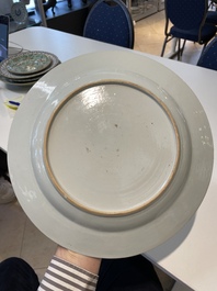 A Chinese blue and white dish, a plate and three famille rose plates, Qianlong and later