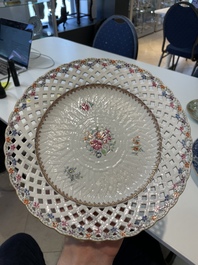 A Chinese blue and white dish, a plate and three famille rose plates, Qianlong and later