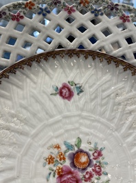 A Chinese blue and white dish, a plate and three famille rose plates, Qianlong and later