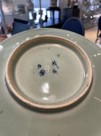 A Chinese blue and white dish, a plate and three famille rose plates, Qianlong and later