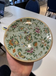 A Chinese blue and white dish, a plate and three famille rose plates, Qianlong and later
