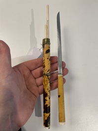 A varied collection of Chinese and Japanese eating set trousses, a Tibetan 'kapala' and two daggers, 18/19th C.