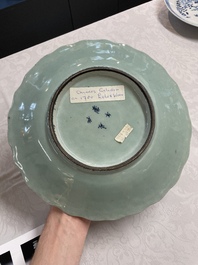 A Chinese famille rose Guanyin and a celadon-glazed dish, Chenghua mark, Qianlong/Jiaqing