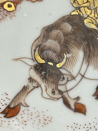 A pair of Chinese iron-red saucers and two plates, Kangxi/Yongzheng