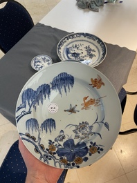Six Chinese blue and white 'floral' bowls, a pair of dishes, a saucer and an iron-red-decorated plate, Qianlong