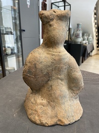 Two Chinese terracotta sculptures and a painted cocoon vase, Han