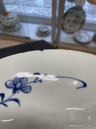 Six Chinese blue and white 'floral' bowls, a pair of dishes, a saucer and an iron-red-decorated plate, Qianlong