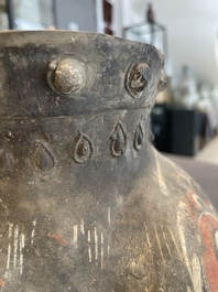 A Chinese painted terracotta owl-shaped 'zun' wine vessel, Han