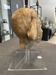 Two Chinese terracotta sculptures and a painted cocoon vase, Han