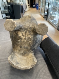 A Chinese painted terracotta owl-shaped 'zun' wine vessel, Han