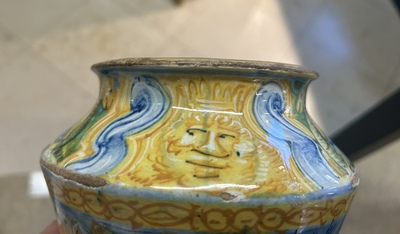 An Italian maiolica albarello with the arms of Boerio, Angelo and Ludovico Picchi workshop, Casteldurante, ca. 1562-1563