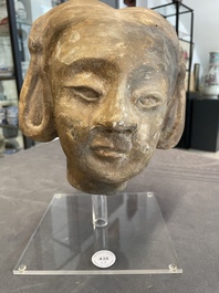 Two Chinese terracotta sculptures and a painted cocoon vase, Han