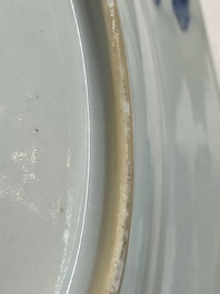 Three Chinese blue and white plates, three saucers and an octagonal dish, Qianlong