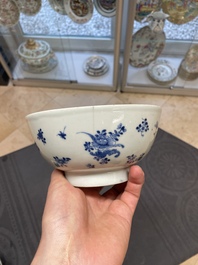 Six Chinese blue and white 'floral' bowls, a pair of dishes, a saucer and an iron-red-decorated plate, Qianlong