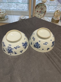 Six Chinese blue and white 'floral' bowls, a pair of dishes, a saucer and an iron-red-decorated plate, Qianlong