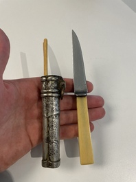 A varied collection of Chinese and Japanese eating set trousses, a Tibetan 'kapala' and two daggers, 18/19th C.