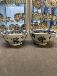 Six Chinese blue and white 'floral' bowls, a pair of dishes, a saucer and an iron-red-decorated plate, Qianlong