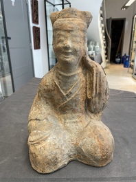 Two Chinese terracotta sculptures and a painted cocoon vase, Han