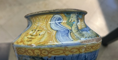 An Italian maiolica albarello with the arms of Boerio, Angelo and Ludovico Picchi workshop, Casteldurante, ca. 1562-1563