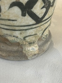 An early Islamic pottery albarello with engraved copper mount and cover, probably Nishapur, Iran, 10/11th C.