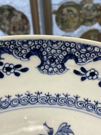 Six Chinese blue and white 'floral' bowls, a pair of dishes, a saucer and an iron-red-decorated plate, Qianlong