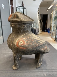 A Chinese painted terracotta owl-shaped 'zun' wine vessel, Han