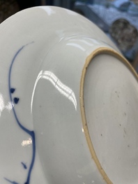 Six Chinese blue and white 'floral' bowls, a pair of dishes, a saucer and an iron-red-decorated plate, Qianlong