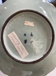 A Chinese famille rose Guanyin and a celadon-glazed dish, Chenghua mark, Qianlong/Jiaqing