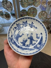 Six Chinese blue and white 'floral' bowls, a pair of dishes, a saucer and an iron-red-decorated plate, Qianlong