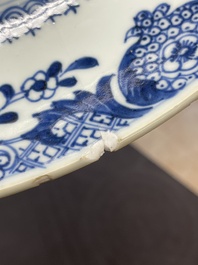 Six Chinese blue and white 'floral' bowls, a pair of dishes, a saucer and an iron-red-decorated plate, Qianlong