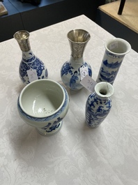 Four Chinese blue and white vases and a stem cup, Kangxi and later