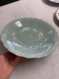 A Chinese famille rose Guanyin and a celadon-glazed dish, Chenghua mark, Qianlong/Jiaqing